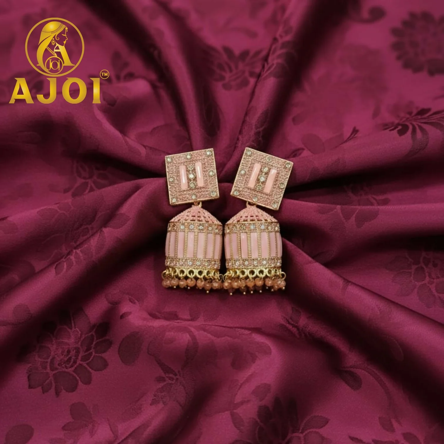 Blush Pink Designer Earrings with Elegant Stone Detailing and Drop Finish - Image 3