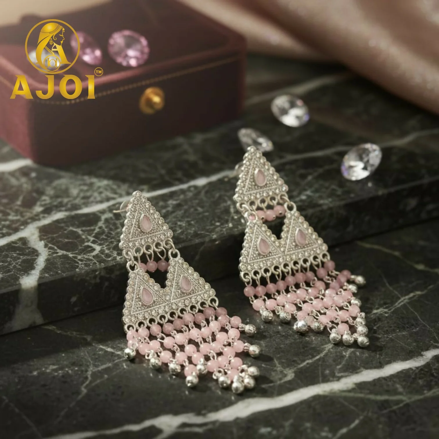 Blush Pink Stone Studded Designer Chandbali Earrings with Pearl Drops - Image 3