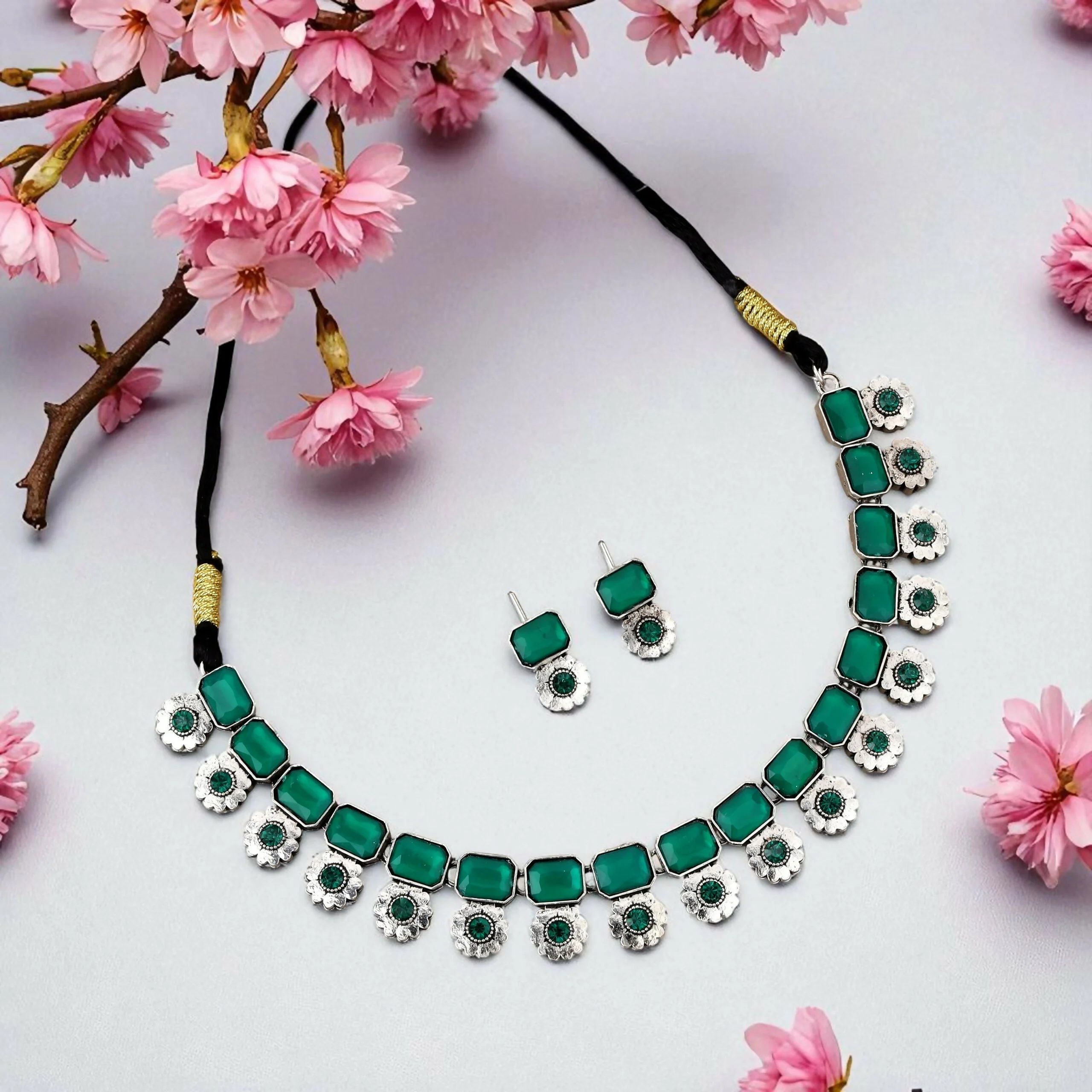 Bohemian Oxidized Silver Choker Set with Emerald Green Stones - Image 3