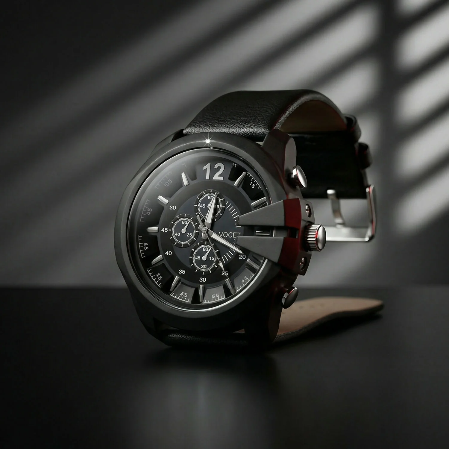 Bold Black Multi-Dial Chronograph Style Analog Wrist Watch with Protective Crown Guard & Leather Strap for Men - Image 2