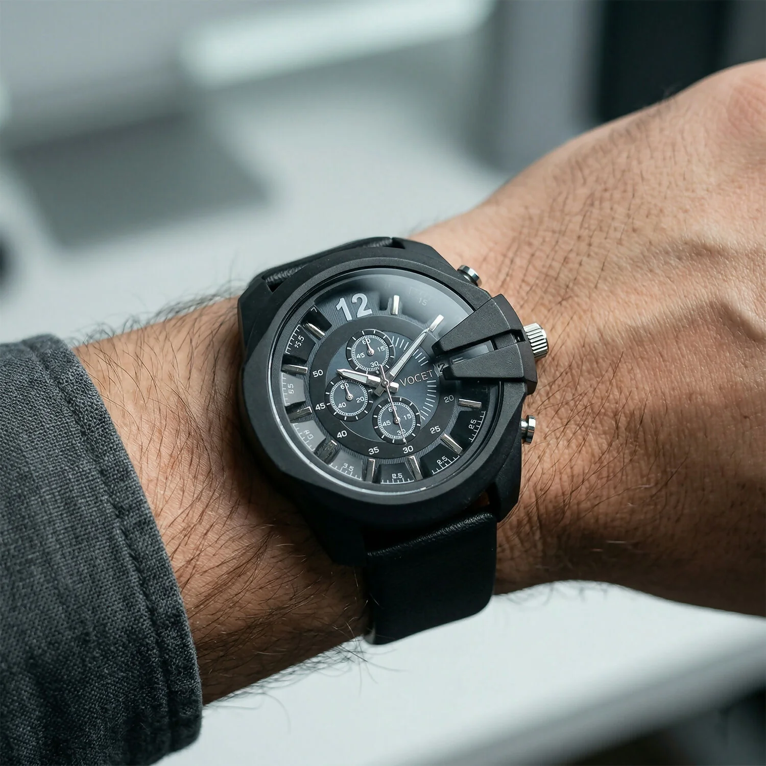 Bold Black Multi-Dial Chronograph Style Analog Wrist Watch with Protective Crown Guard & Leather Strap for Men - Image 3