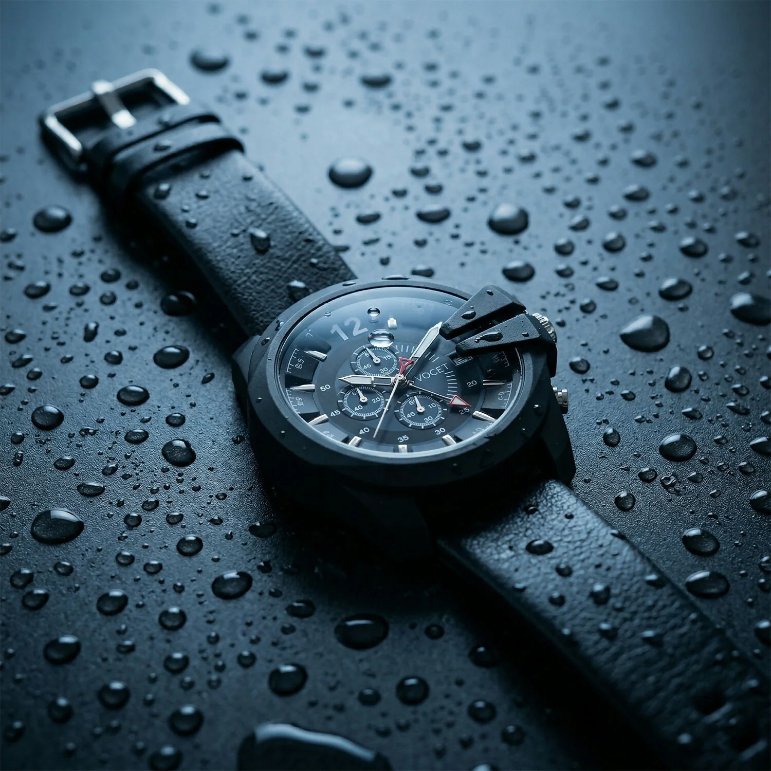 Bold Black Multi-Dial Chronograph Style Analog Wrist Watch with Protective Crown Guard & Leather Strap for Men - Image 4
