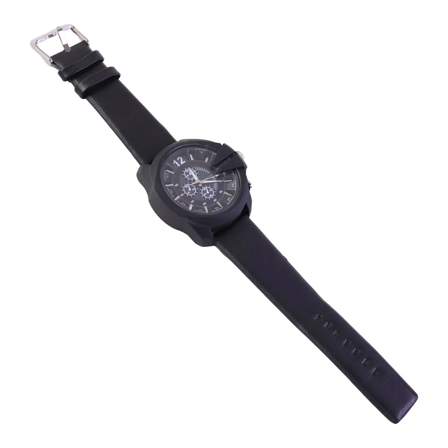Bold Black Multi-Dial Chronograph Style Analog Wrist Watch with Protective Crown Guard & Leather Strap for Men - Image 5