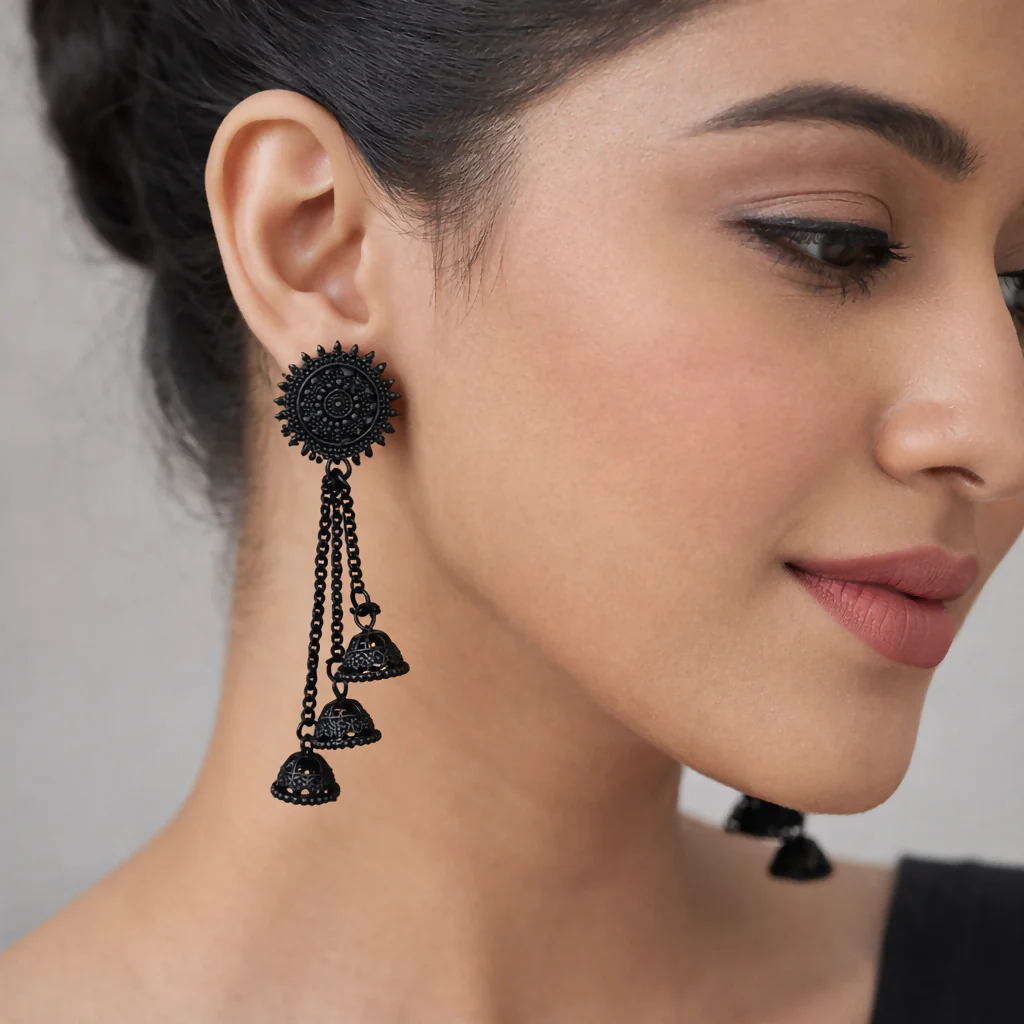 Bold black oxidised jhumka earrings - Image 2
