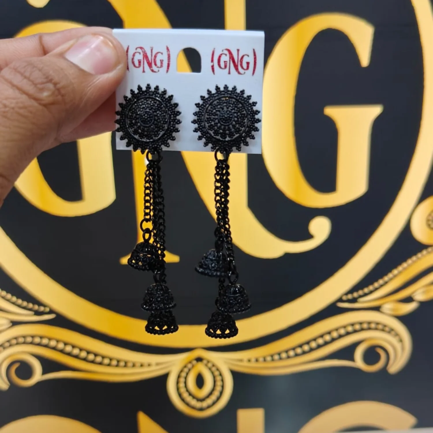 Bold black oxidised jhumka earrings - Image 4