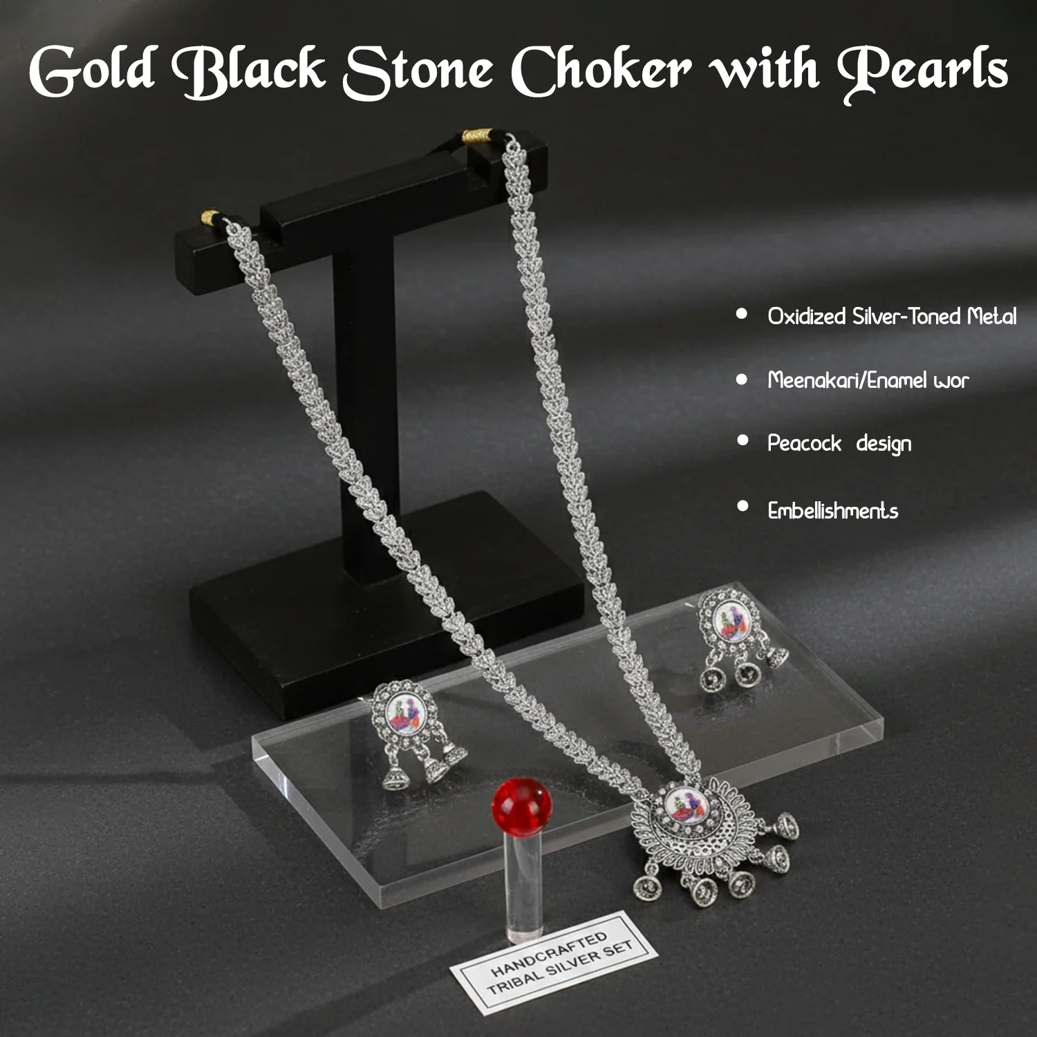 Bold Gold-Tone Black Stone Choker with Pearl Drops - Image 4