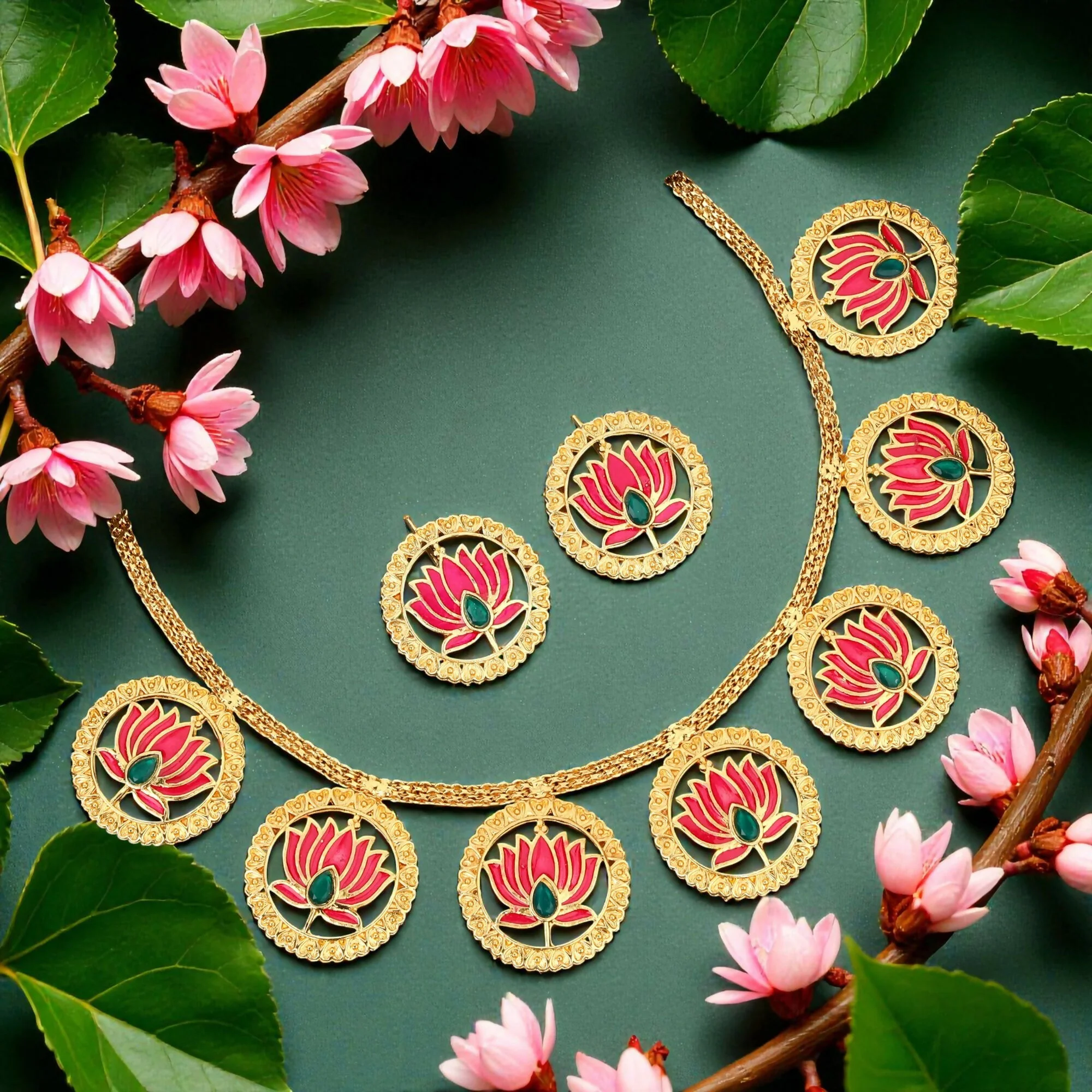 Bold Gold-Tone Green-Pink Crystal & Pearl Choker Set - Image 3