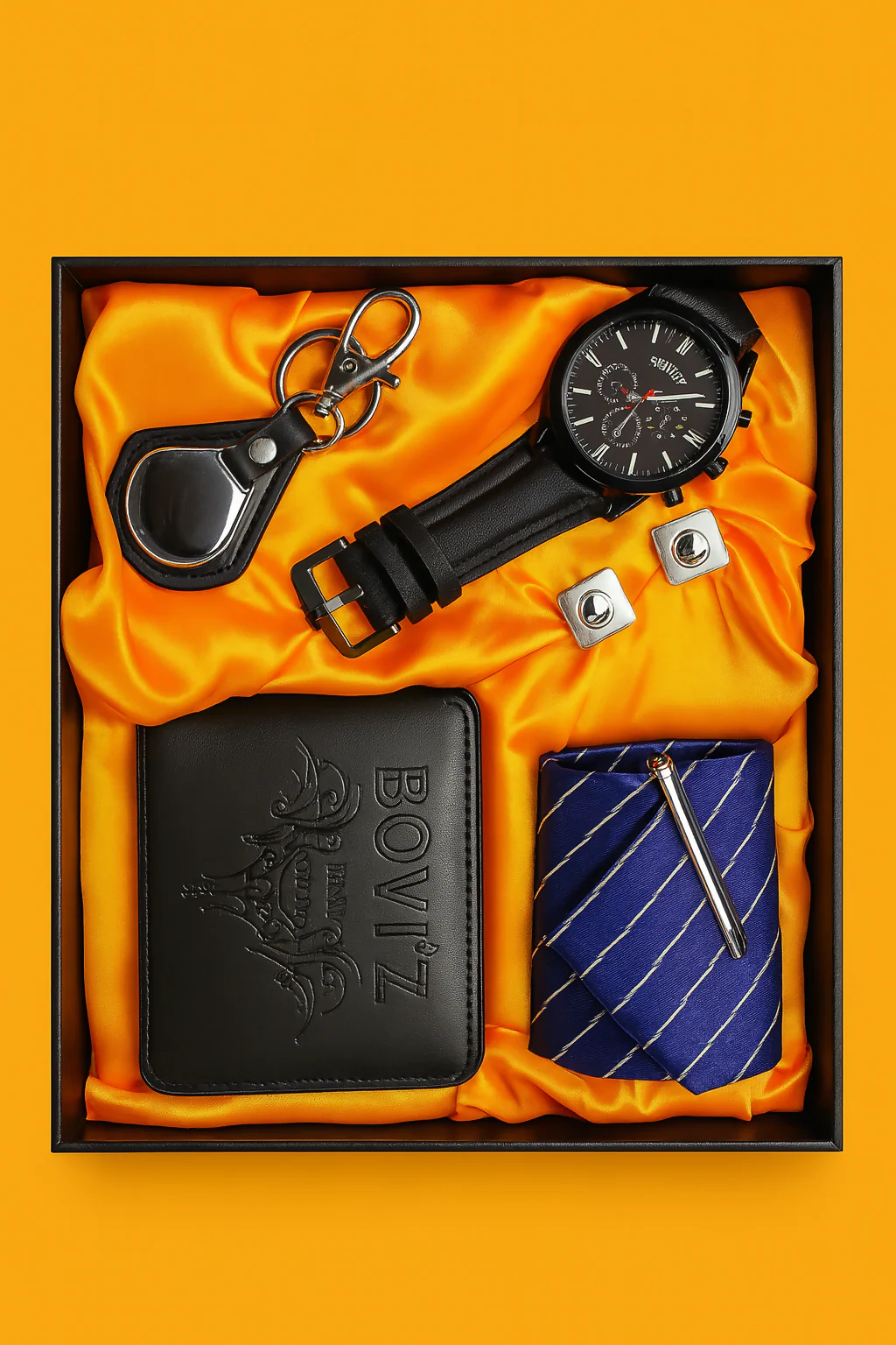 BOVIZ Premium 6-in-1 Men’s Gift Set with Wallet, Wrist Watch, Tie with Pin, Cufflinks, and Keychain | Luxury Formal Accessory Combo for Men | Ideal for Birthday, Anniversary, Festive & Corporate Gifting