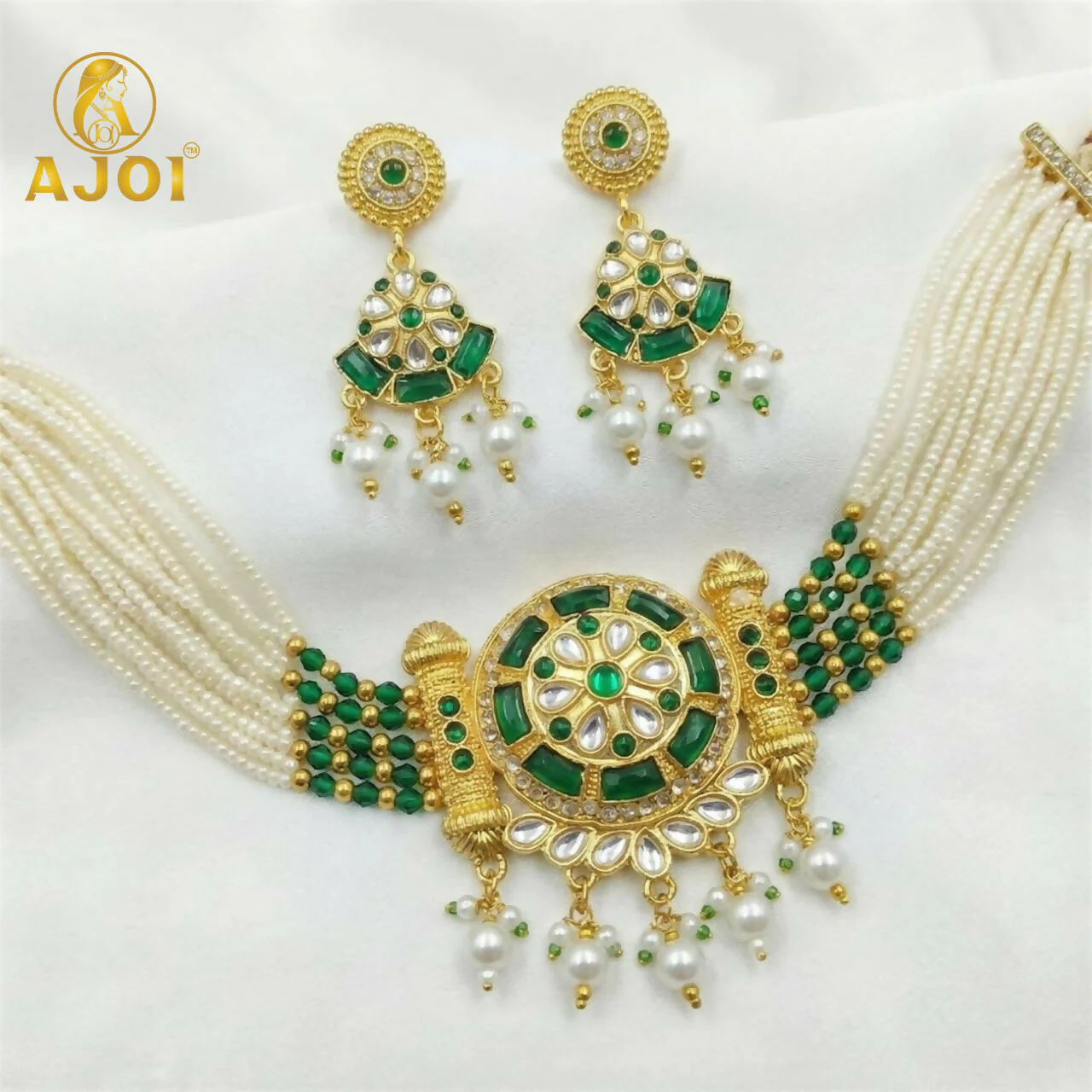 Bridal Green Kundan & Pearl Necklace with Earrings