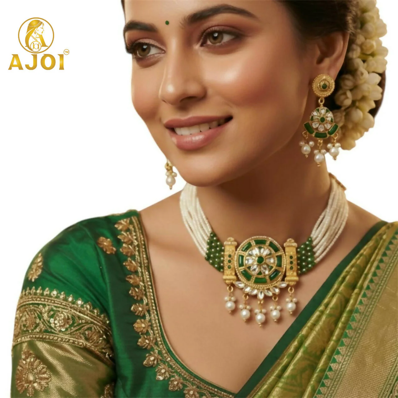 Bridal Green Kundan & Pearl Necklace with Earrings - Image 2