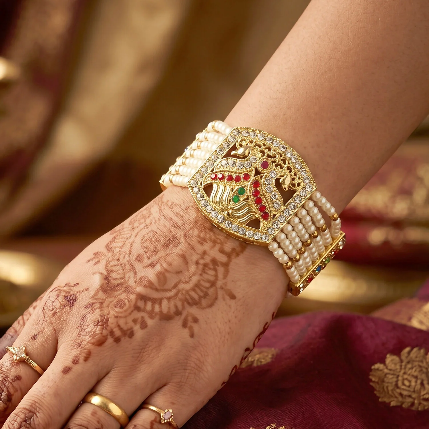 Bridal Pearl and Gold Bracelet with Designer Floral Motif - Image 2