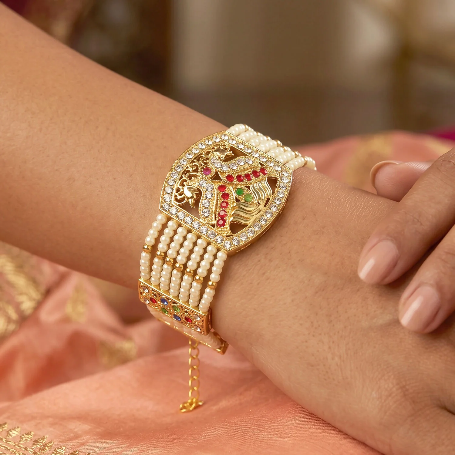 Bridal Pearl and Gold Bracelet with Designer Floral Motif - Image 3