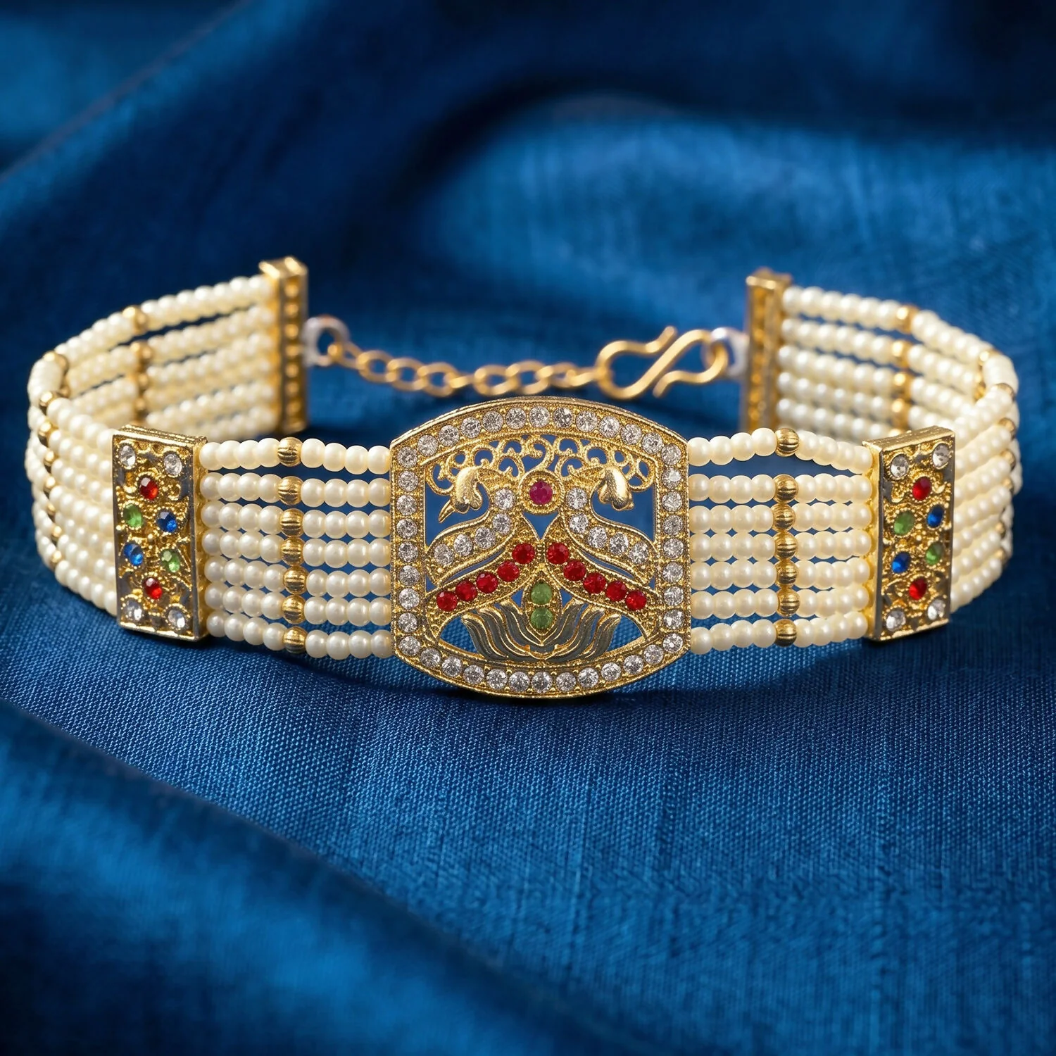 Bridal Pearl and Gold Bracelet with Designer Floral Motif - Image 4