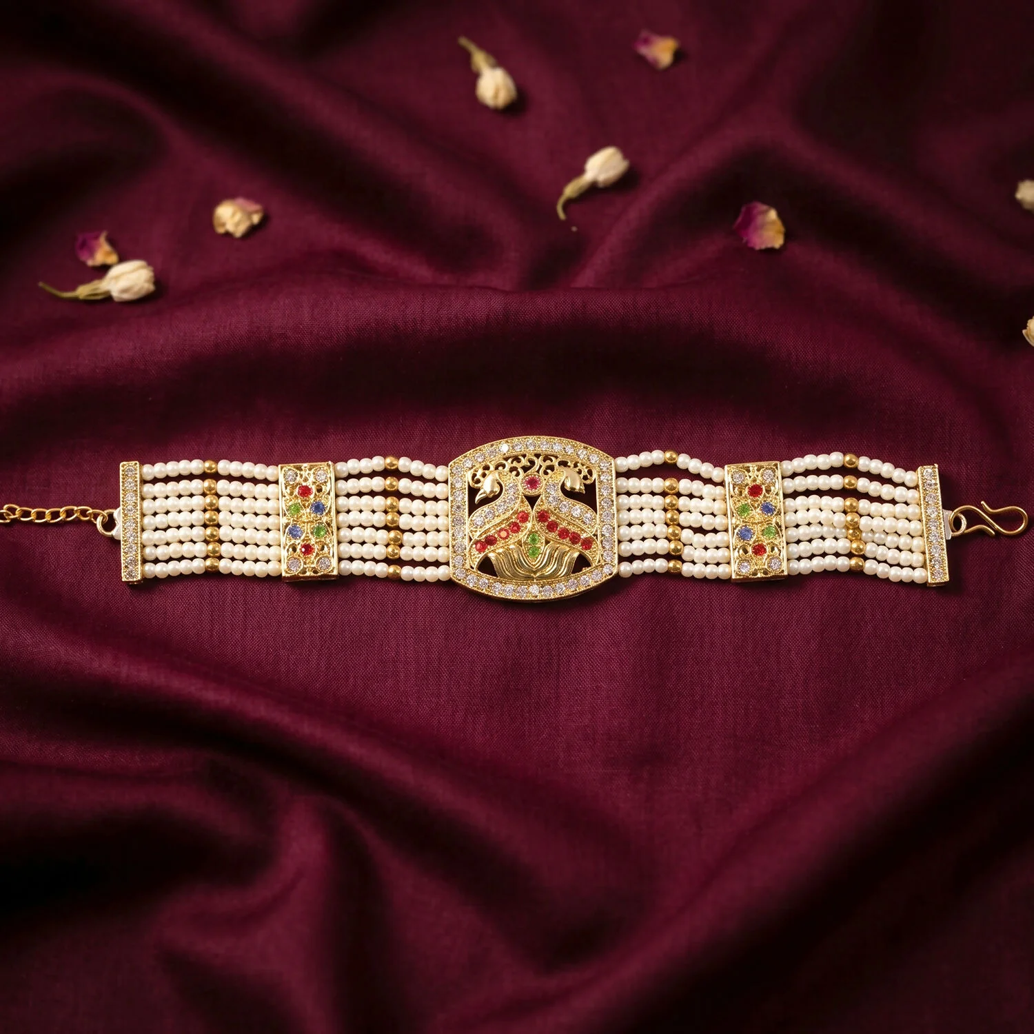 Bridal Pearl and Gold Bracelet with Designer Floral Motif - Image 5