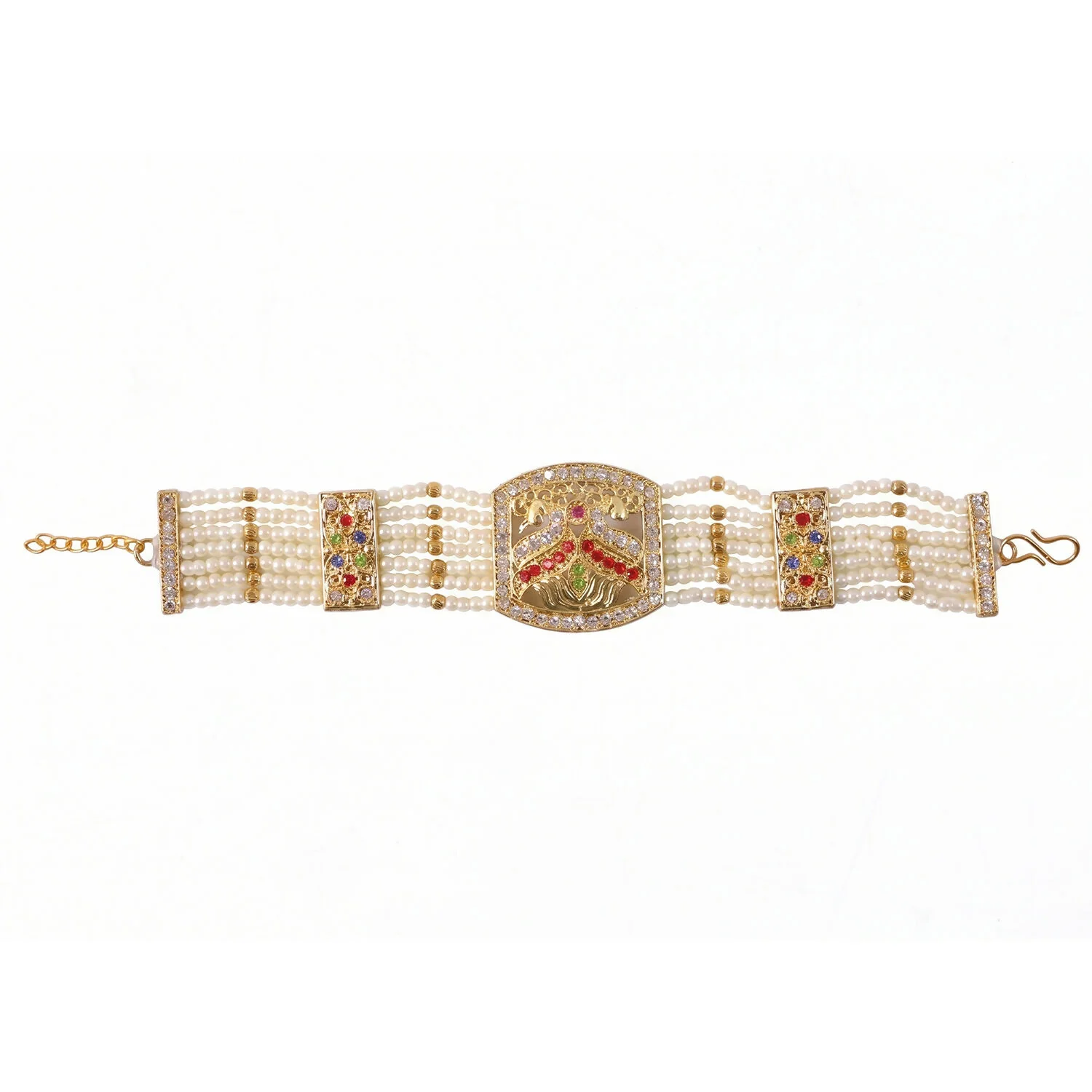 Bridal Pearl and Gold Bracelet with Designer Floral Motif - Image 6