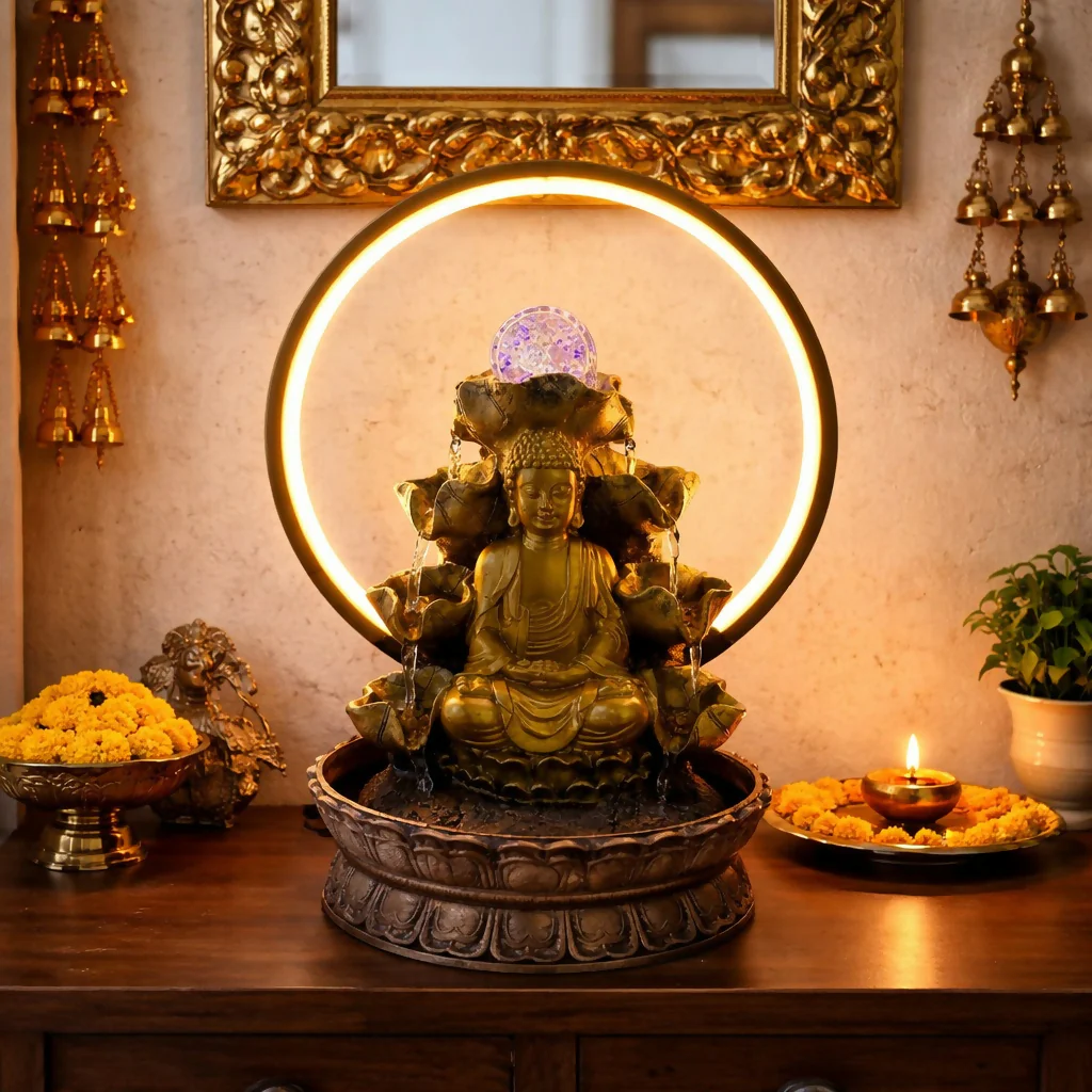 Buddha Water Fountain with LED Ring Light Decorative Tabletop - Image 2