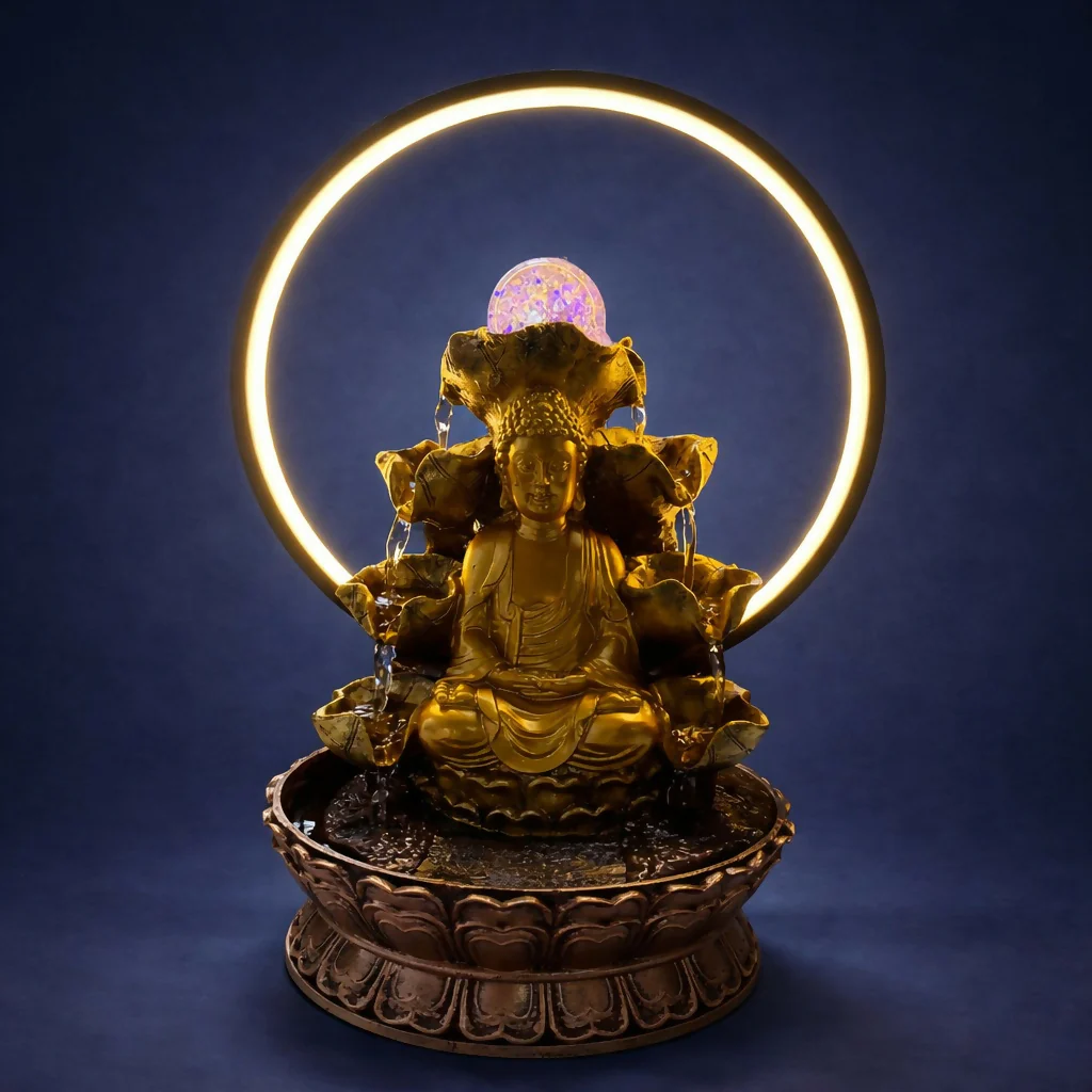 Buddha Water Fountain with LED Ring Light Decorative Tabletop - Image 3