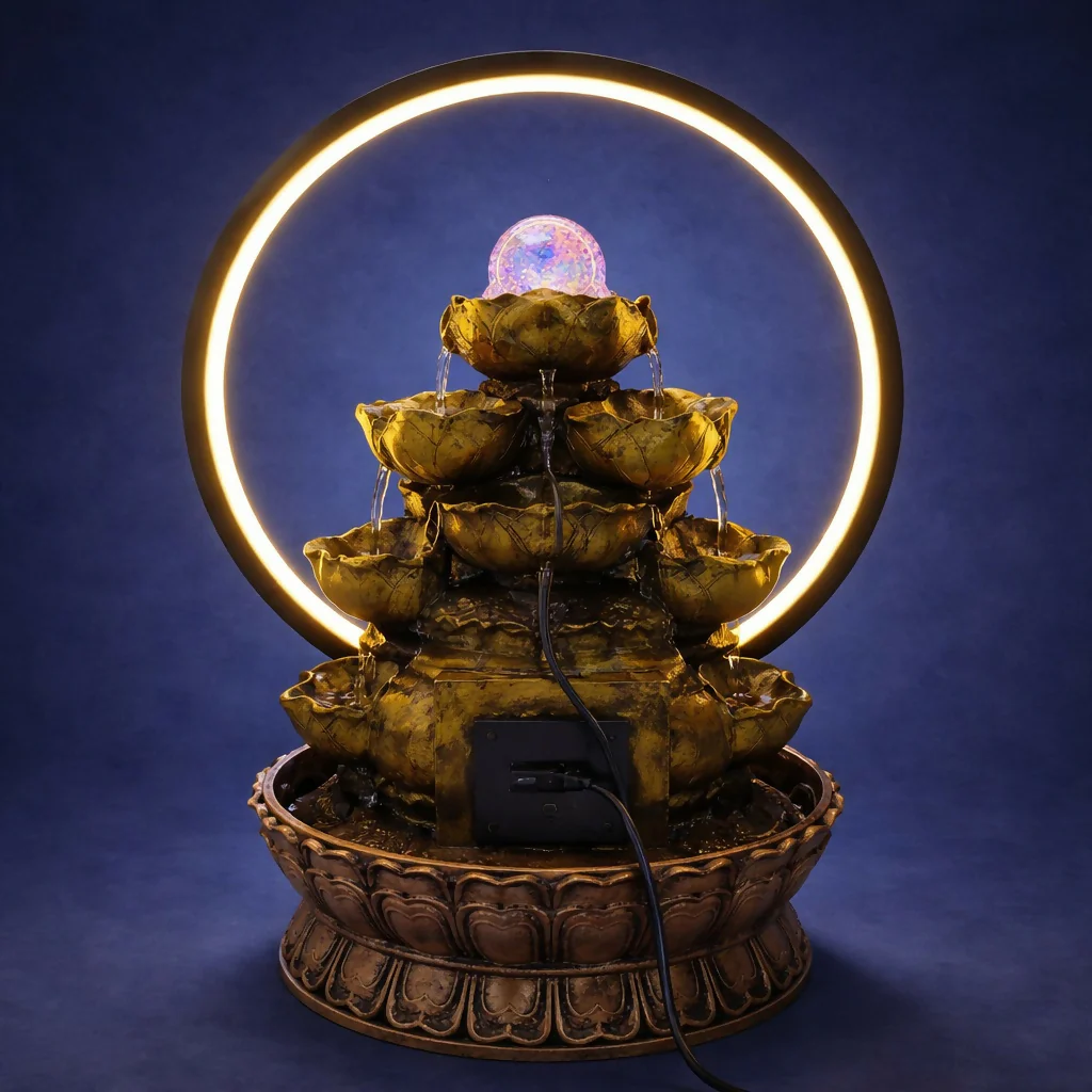 Buddha Water Fountain with LED Ring Light Decorative Tabletop - Image 4