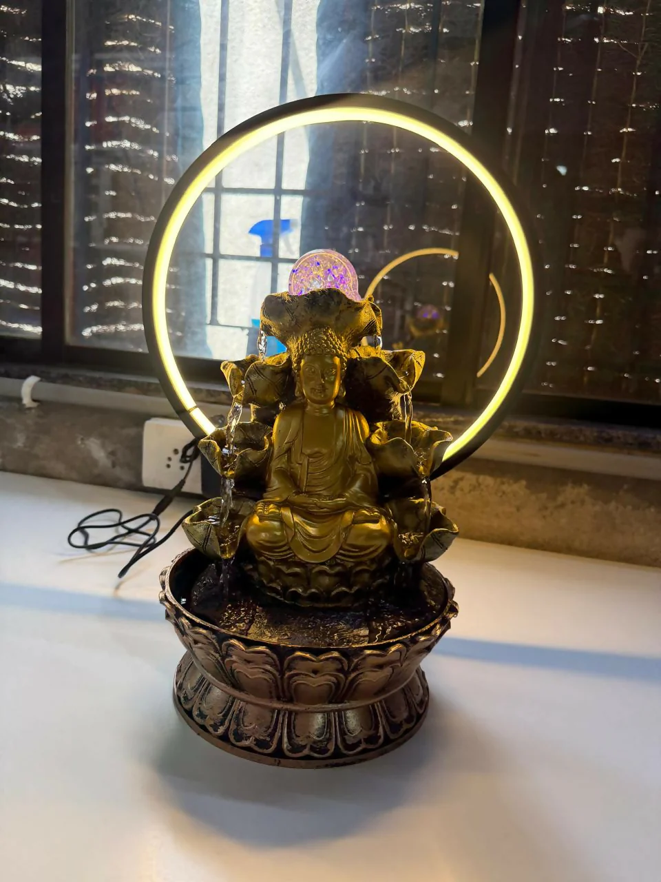 Buddha Water Fountain with LED Ring Light Decorative Tabletop - Image 5