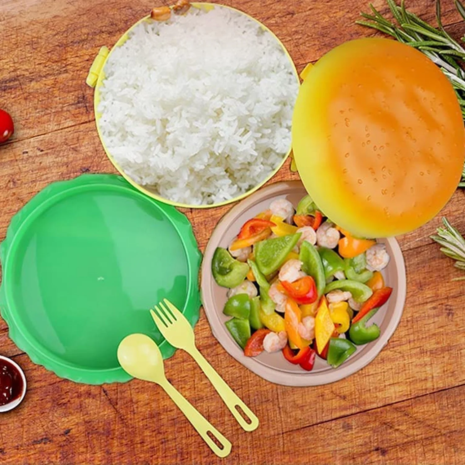 Burger Shape Lunch Box – Double Layer 1000ml Food Container with 2 Spoons for Kids - Image 5