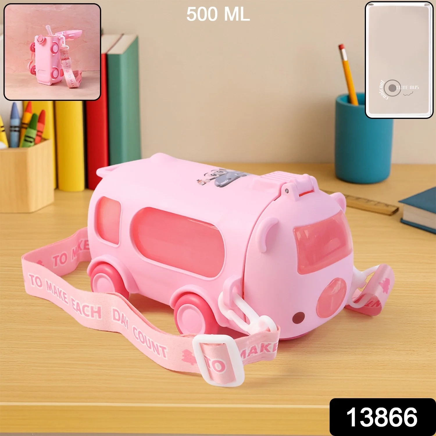 Bus Shaped Kids Water Bottle with Strap – 500ml Cute Cartoon Design With Sticker - Image 2