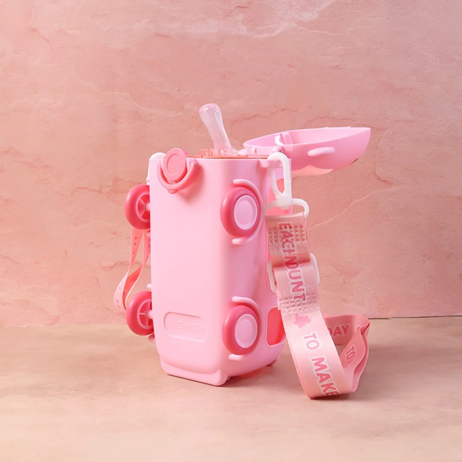 Bus Shaped Kids Water Bottle with Strap – 500ml Cute Cartoon Design With Sticker - Image 4