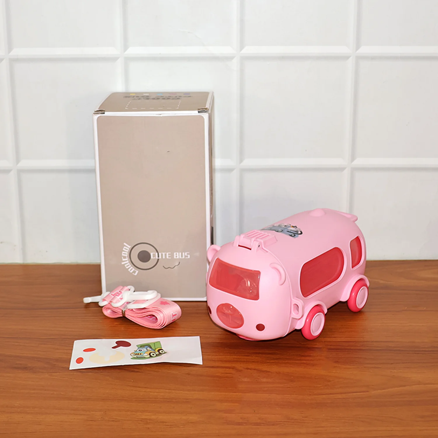 Bus Shaped Kids Water Bottle with Strap – 500ml Cute Cartoon Design With Sticker - Image 8
