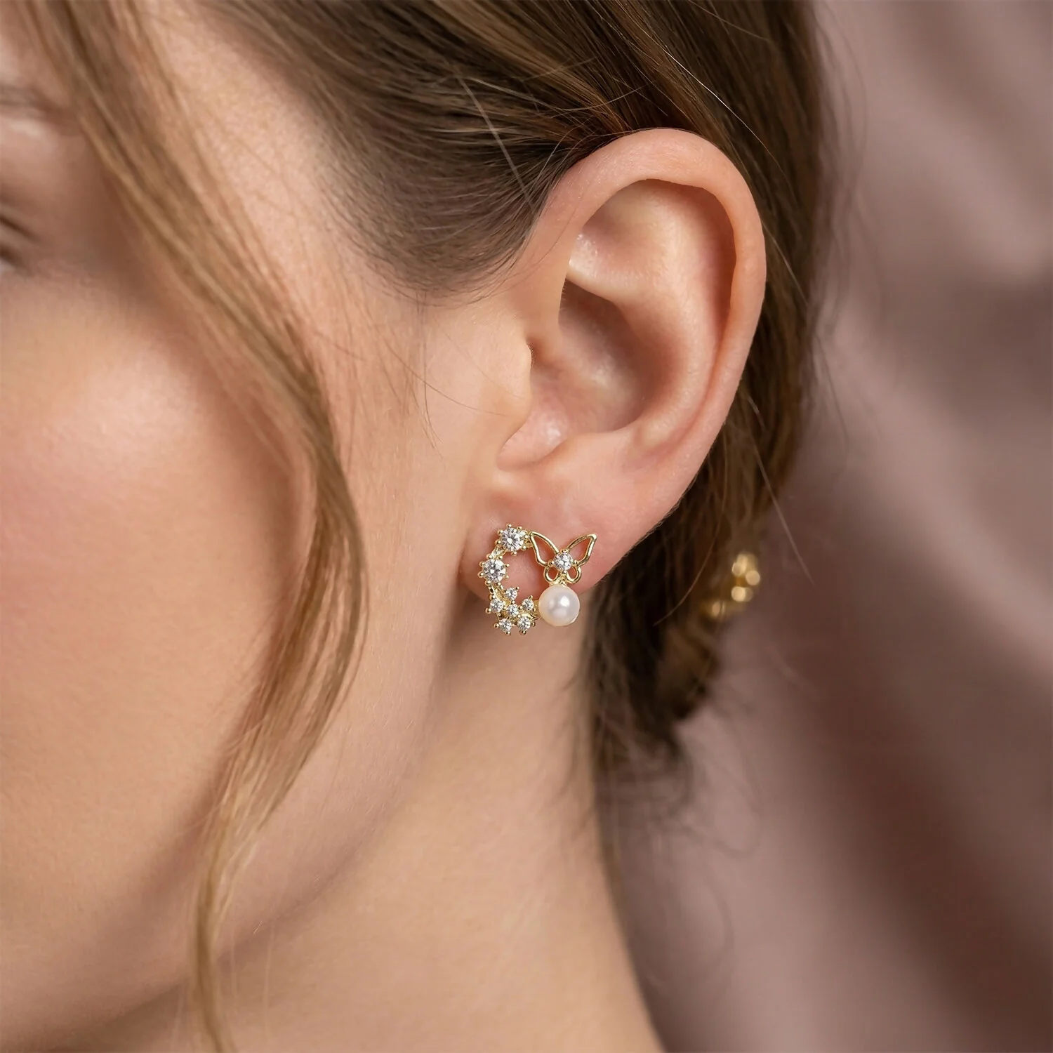 Butterfly Pearl Crystal Stud Earrings for Women And Girls - Image 3