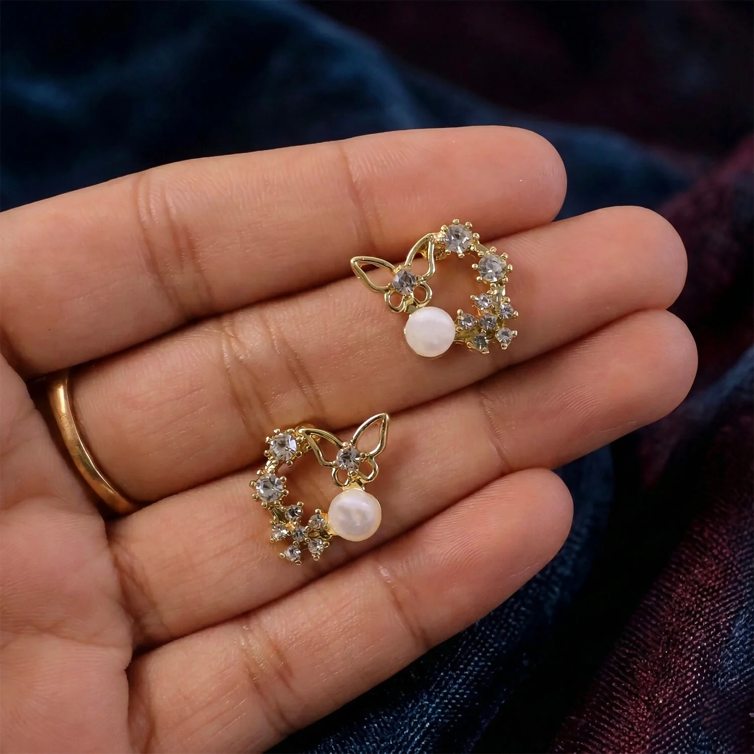 Butterfly Pearl Crystal Stud Earrings for Women And Girls - Image 4