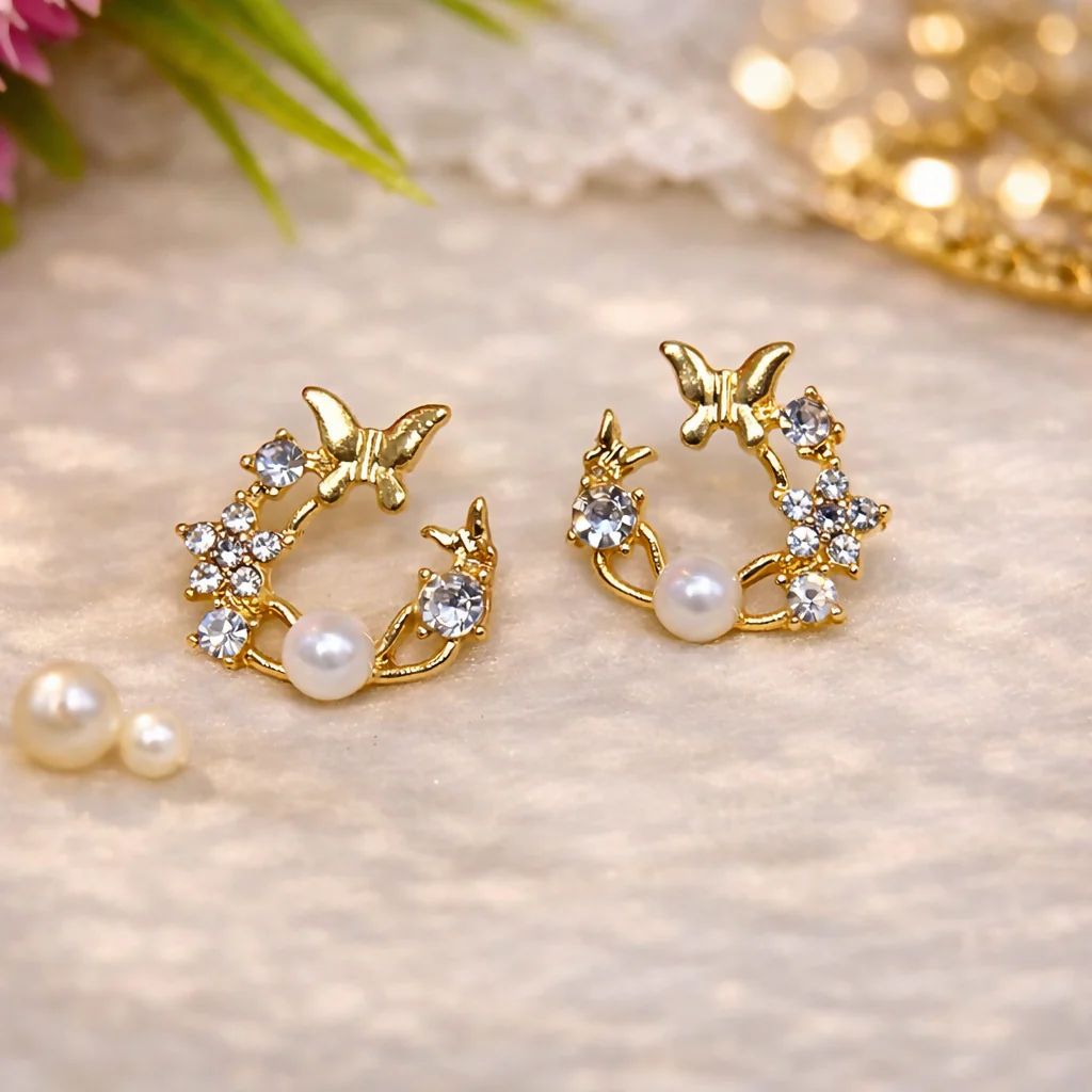 Butterfly Pearl Crystal Stud Earrings for Women And Girls - Image 6
