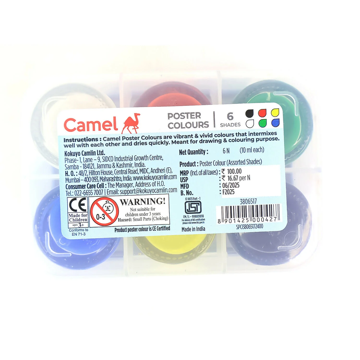 Camel Poster Colours 6 Assorted Shades with Free Palette (10 ml Each) - Image 7