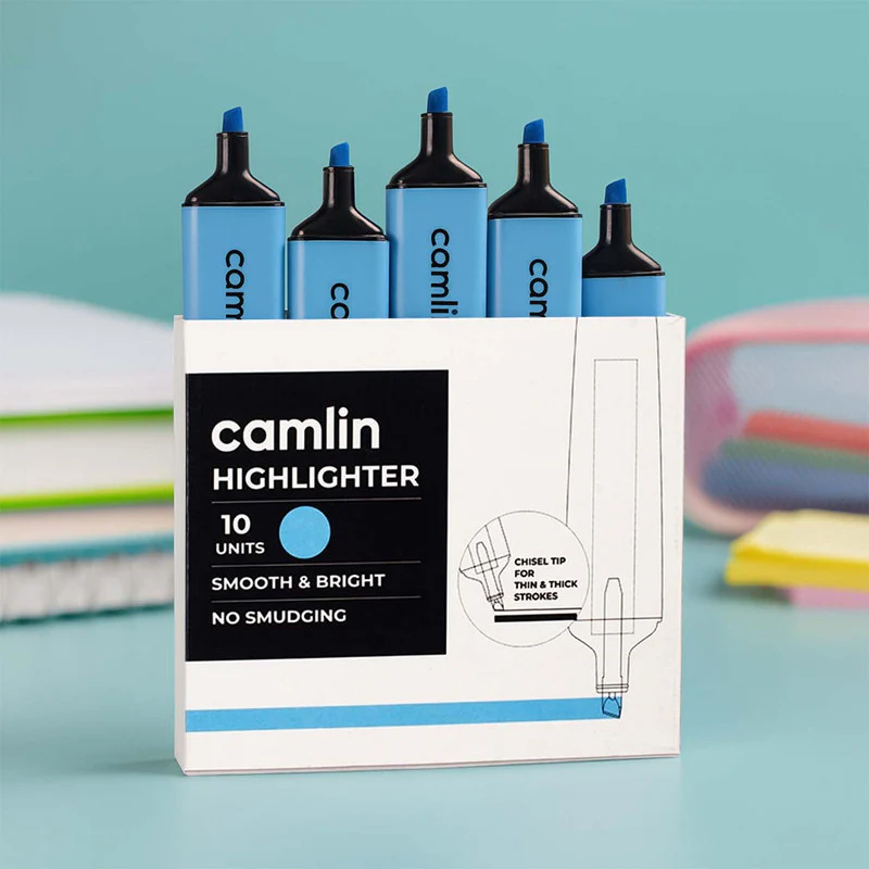 Camlin Blue Highlighter Pack – Smooth & Bright No-Smudge Chisel Tip (Box of 10) - Image 2