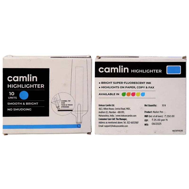 Camlin Blue Highlighter Pack – Smooth & Bright No-Smudge Chisel Tip (Box of 10) - Image 6