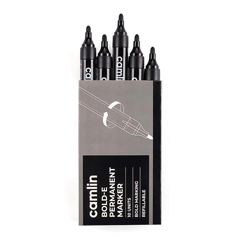 Camlin Bold-E Permanent Marker Black Long-Lasting Refillable Marker Pack of 10 - Image 4