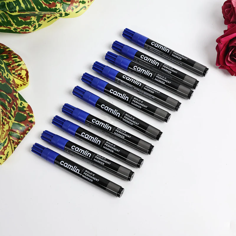 Camlin Bold-E Permanent Marker Blue Long-Lasting Refillable Marker Pack 10 - Image 4