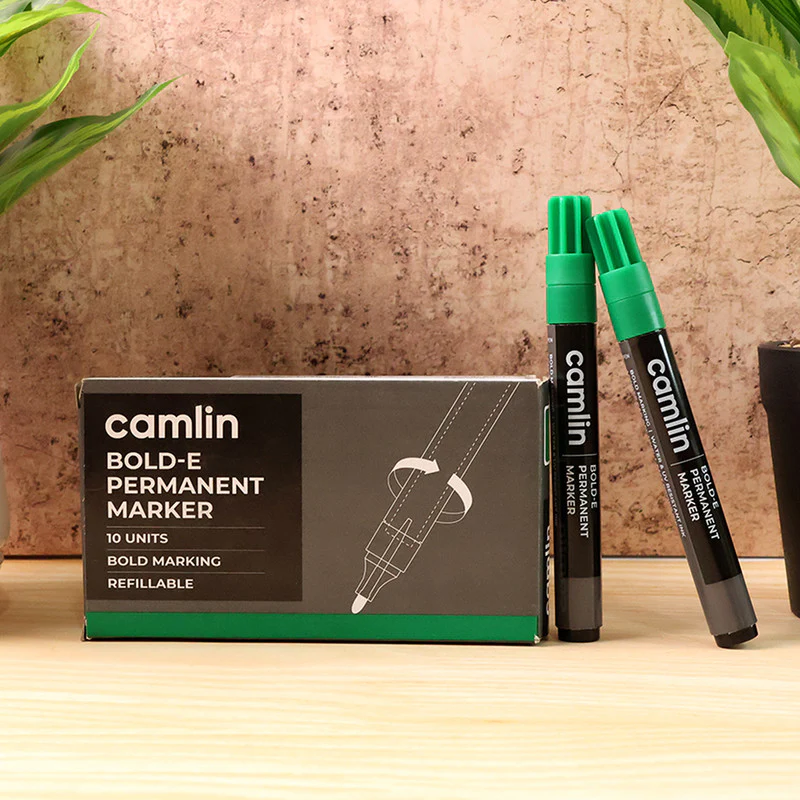 Camlin Bold-E Permanent Marker Green Long-Lasting Refillable Marke Pack of 10 - Image 2