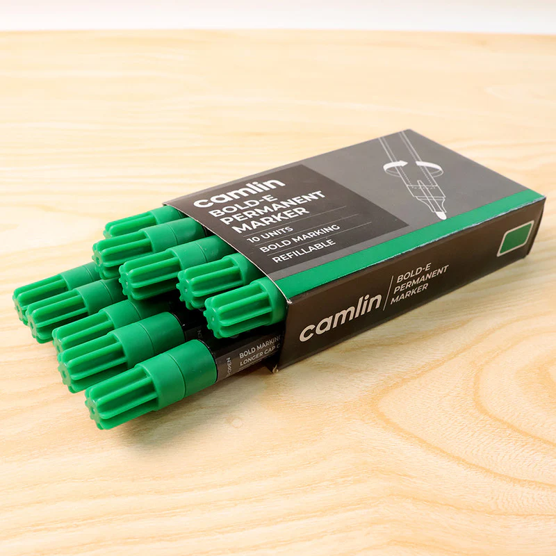 Camlin Bold-E Permanent Marker Green Long-Lasting Refillable Marke Pack of 10 - Image 3