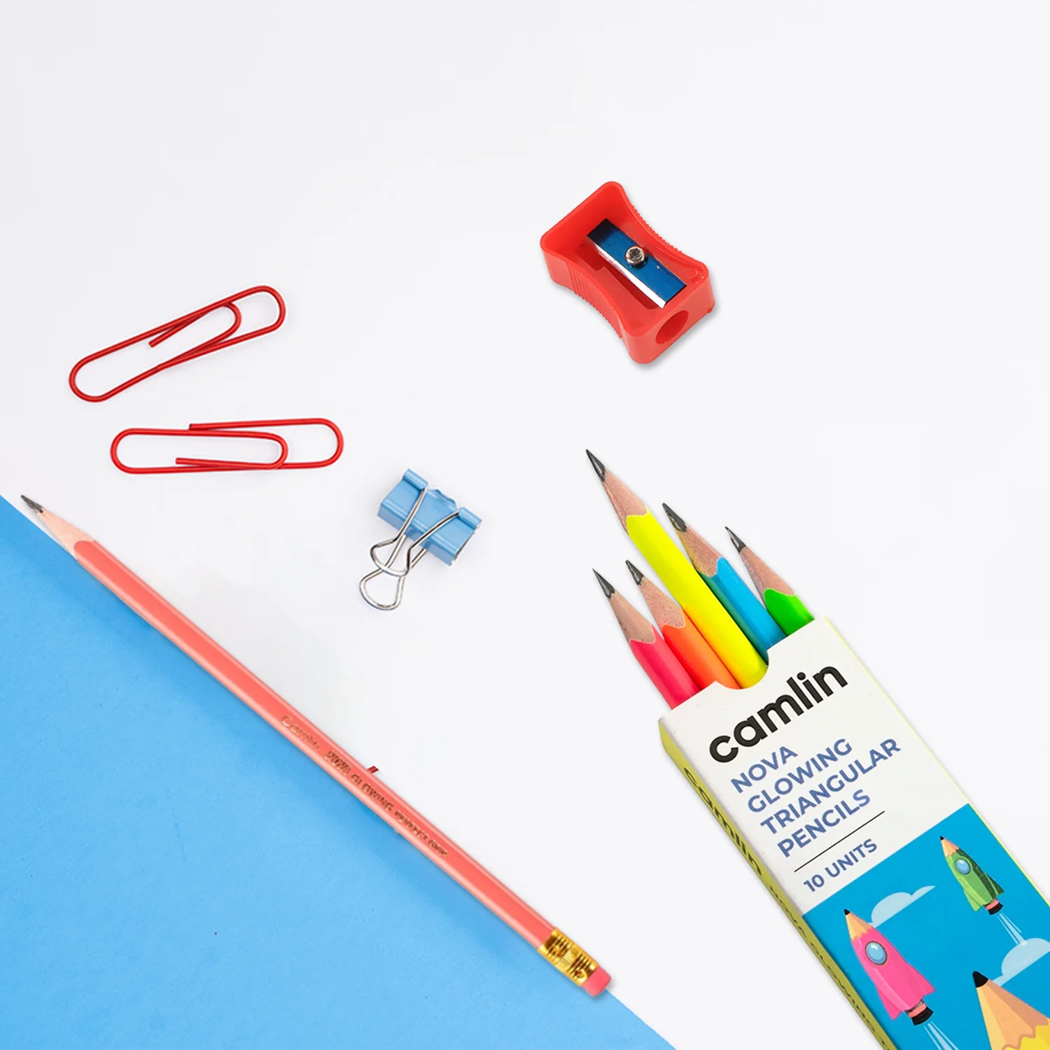 Camlin Nova Glowing Triangular Pencils – Pack of 10 Neon Shades with Free Sharpener - Image 3