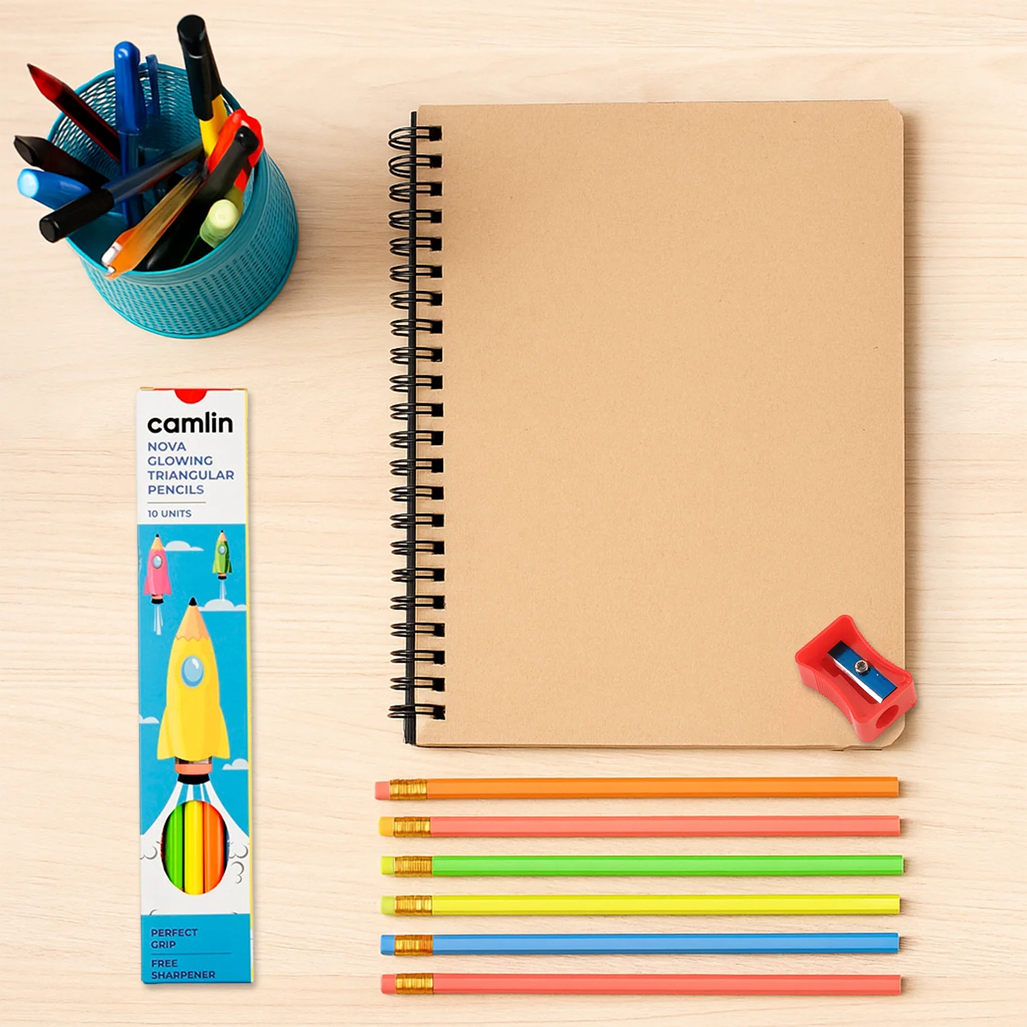 Camlin Nova Glowing Triangular Pencils – Pack of 10 Neon Shades with Free Sharpener - Image 4
