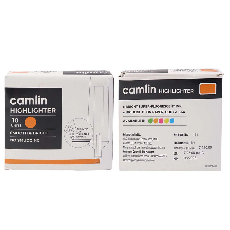 Camlin Orange Highlighter Pack – Smooth & Bright No-Smudge Chisel Tip (Box of 10) - Image 4