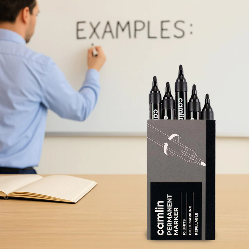 Camlin Permanent Marker Black Bold Long Lasting Refillable Marker Pack of 10 - Image 3
