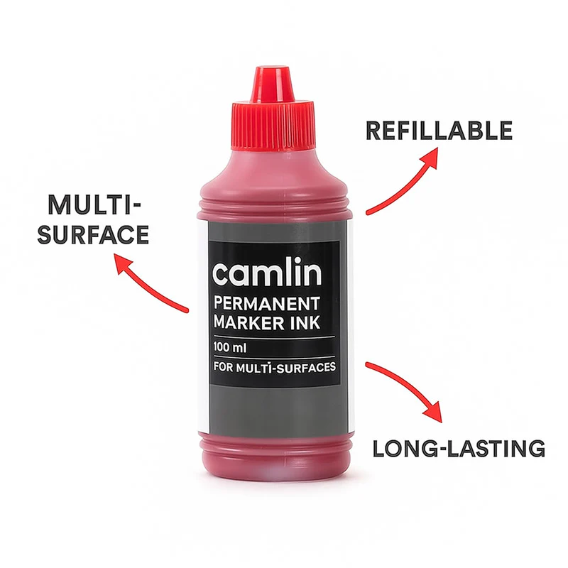 Camlin Permanent Marker Ink 100 ml – Red Color Refill Ink for Multi-Surfaces - Image 3