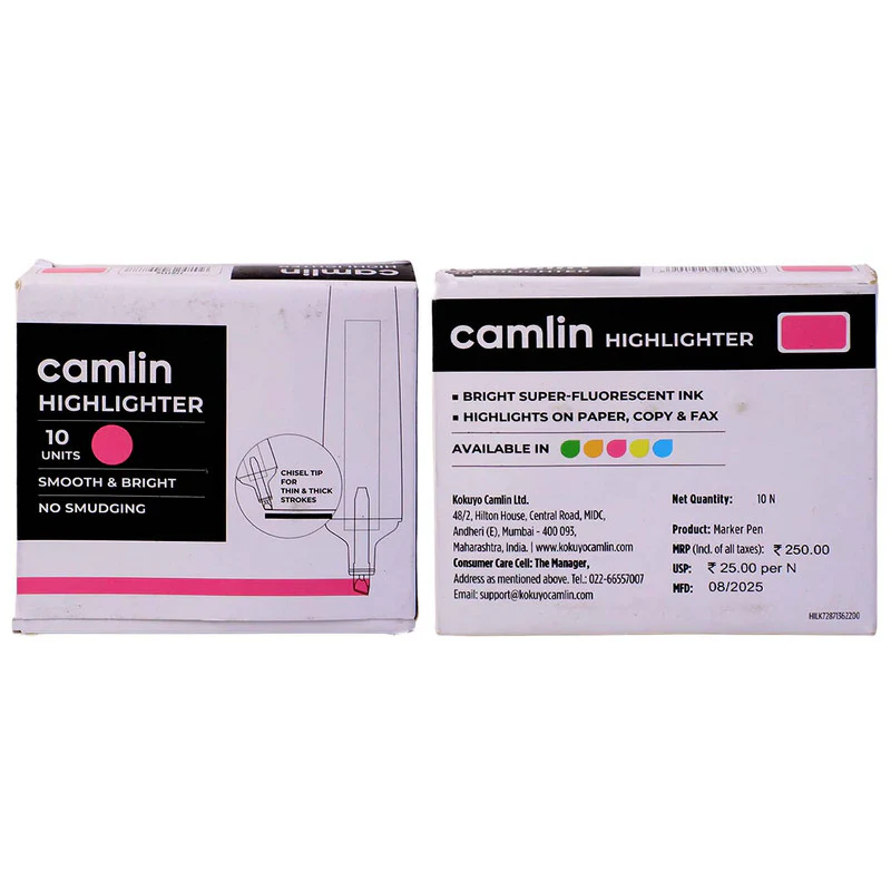 Camlin Pink Highlighter Pack – Smooth & Bright No-Smudge Chisel Tip (Box of 10) - Image 5