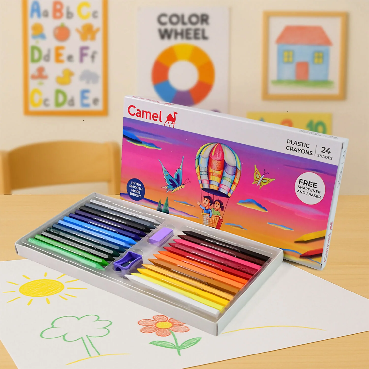 Camlin Plastic Crayons – 24 Shades with Sharpener and Eraser - Image 4