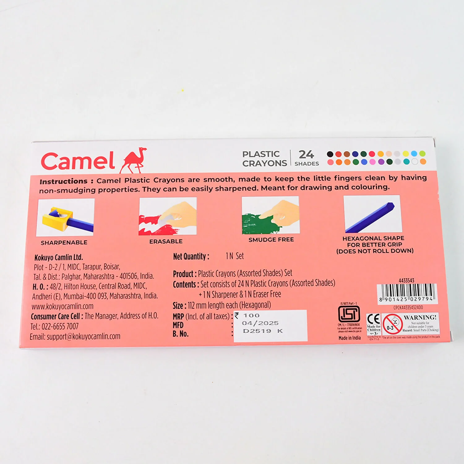 Camlin Plastic Crayons – 24 Shades with Sharpener and Eraser - Image 6