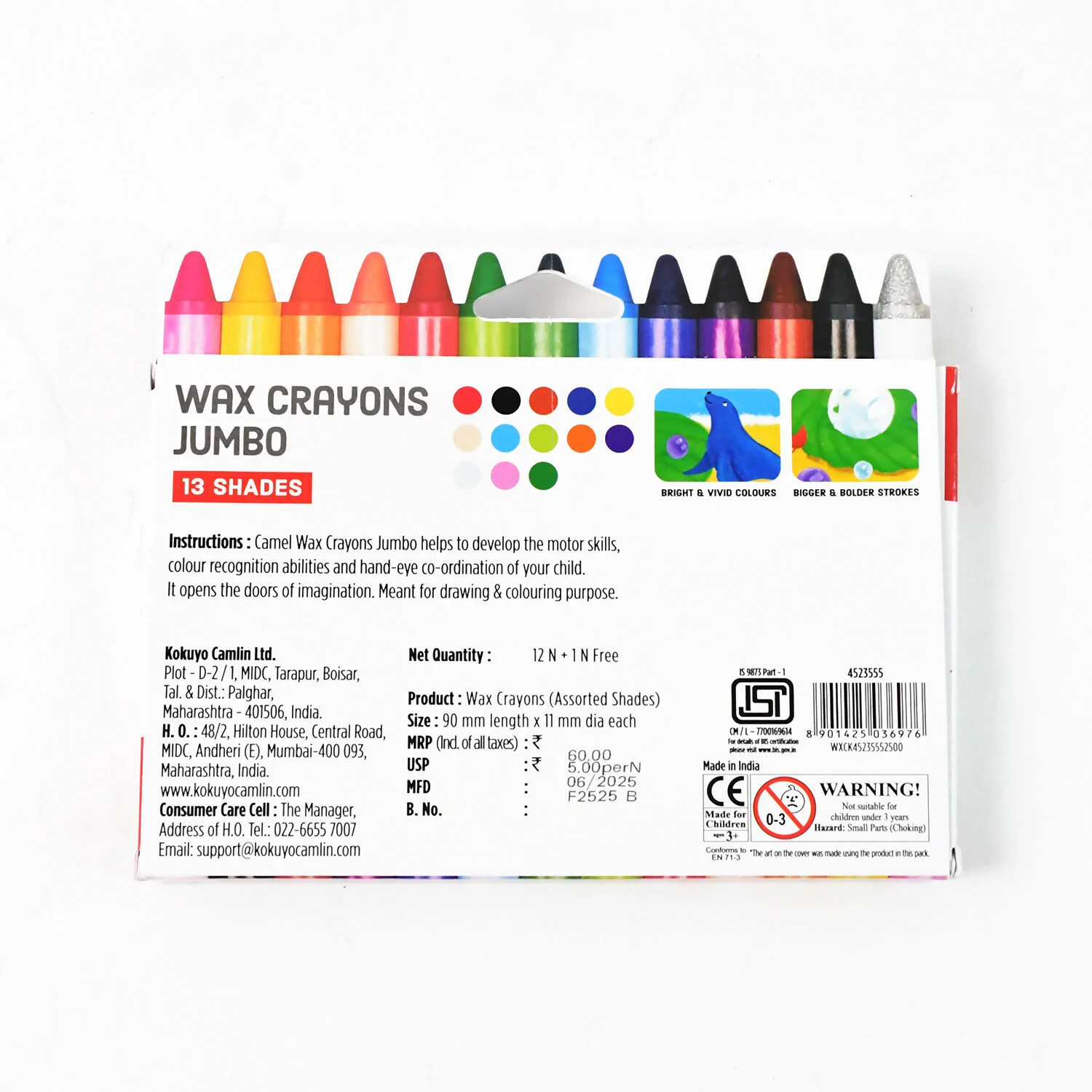 Camlin Wax Crayons Jumbo 13 Shades with Glitter Crayon - Image 7