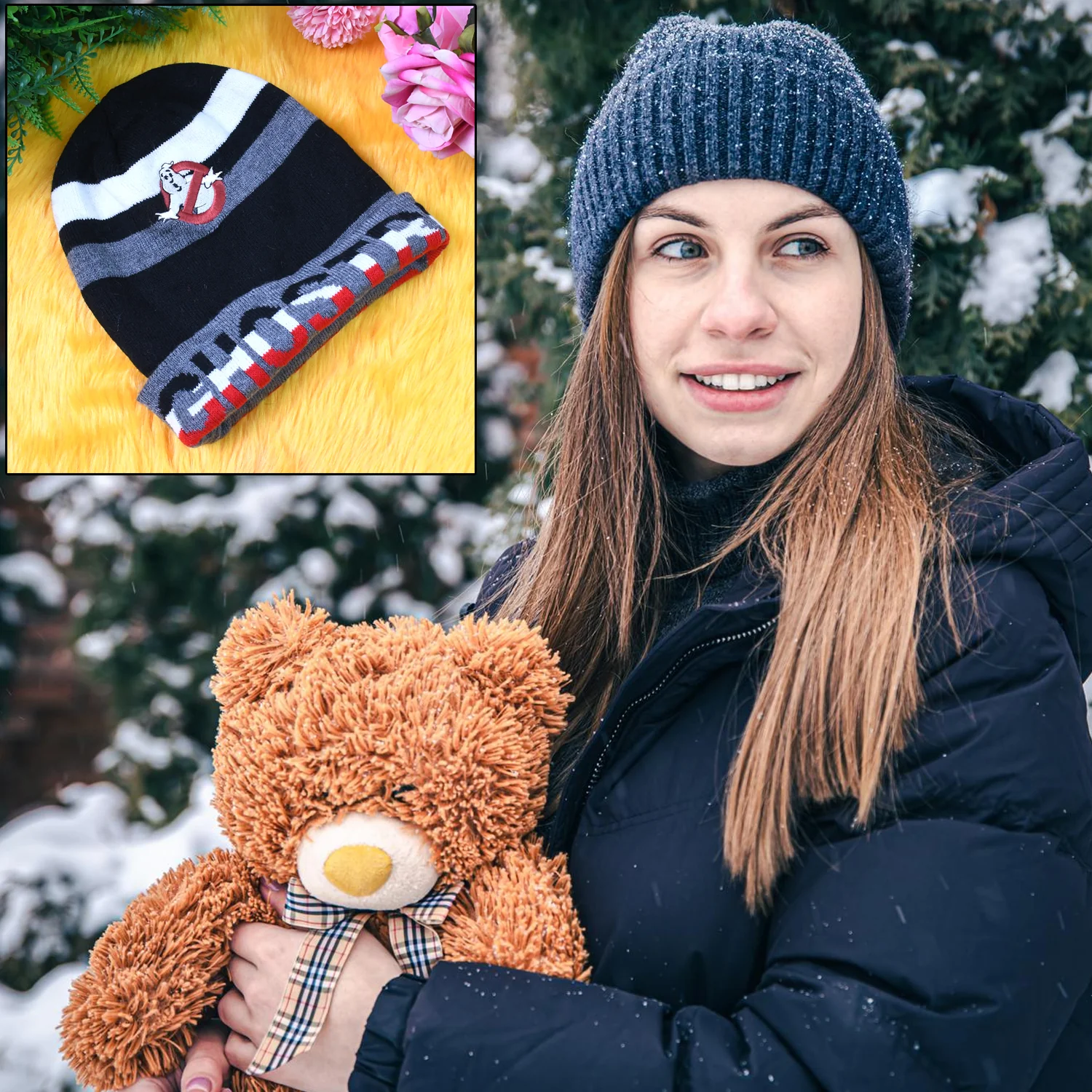 Cap for Winter Woolen Knitted Black Inside Fur Caps (1 Pc / Mix Design & Color) - Image 3