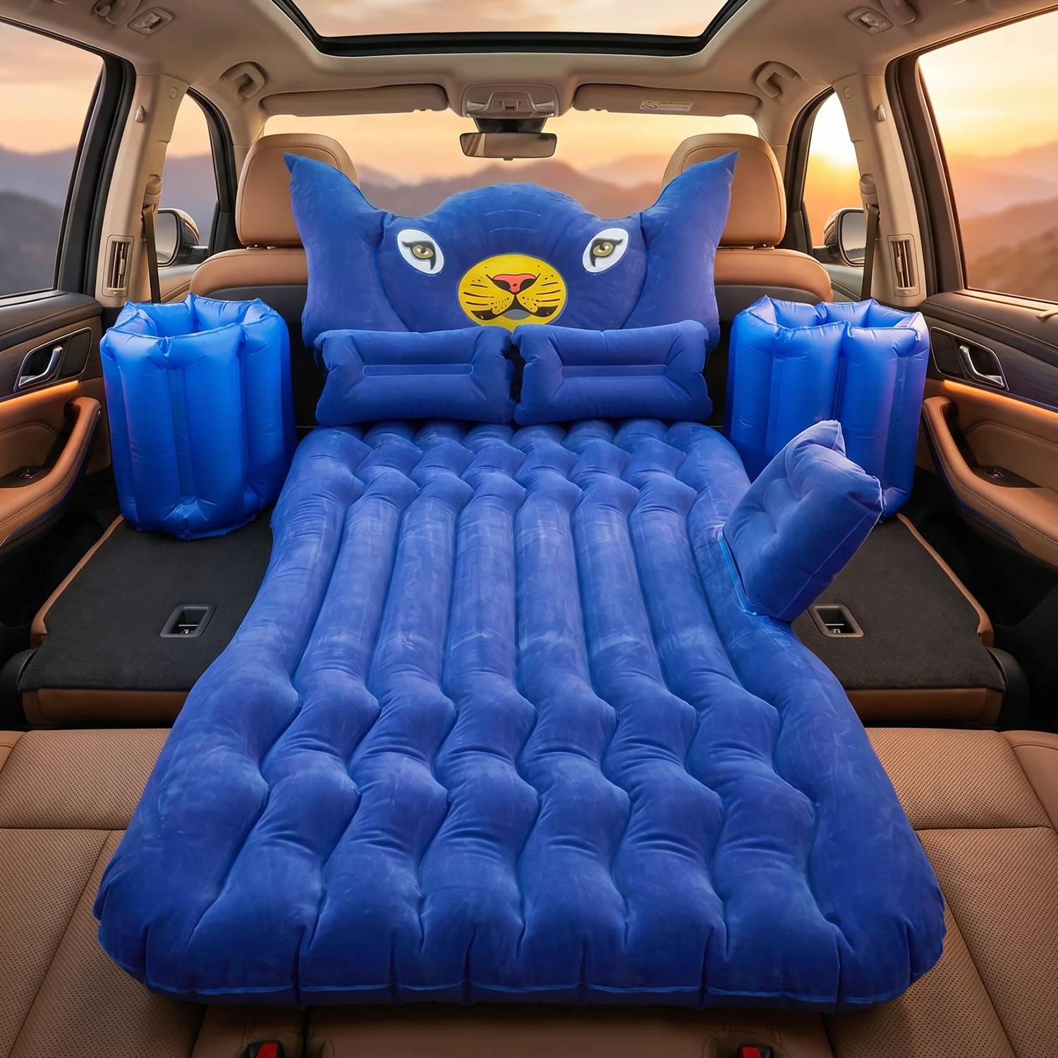 Inflatable Car Bed Set with Lion Head Pillow and Cushions for Comfortable Travel Sleeping (1 Set) - Image 3