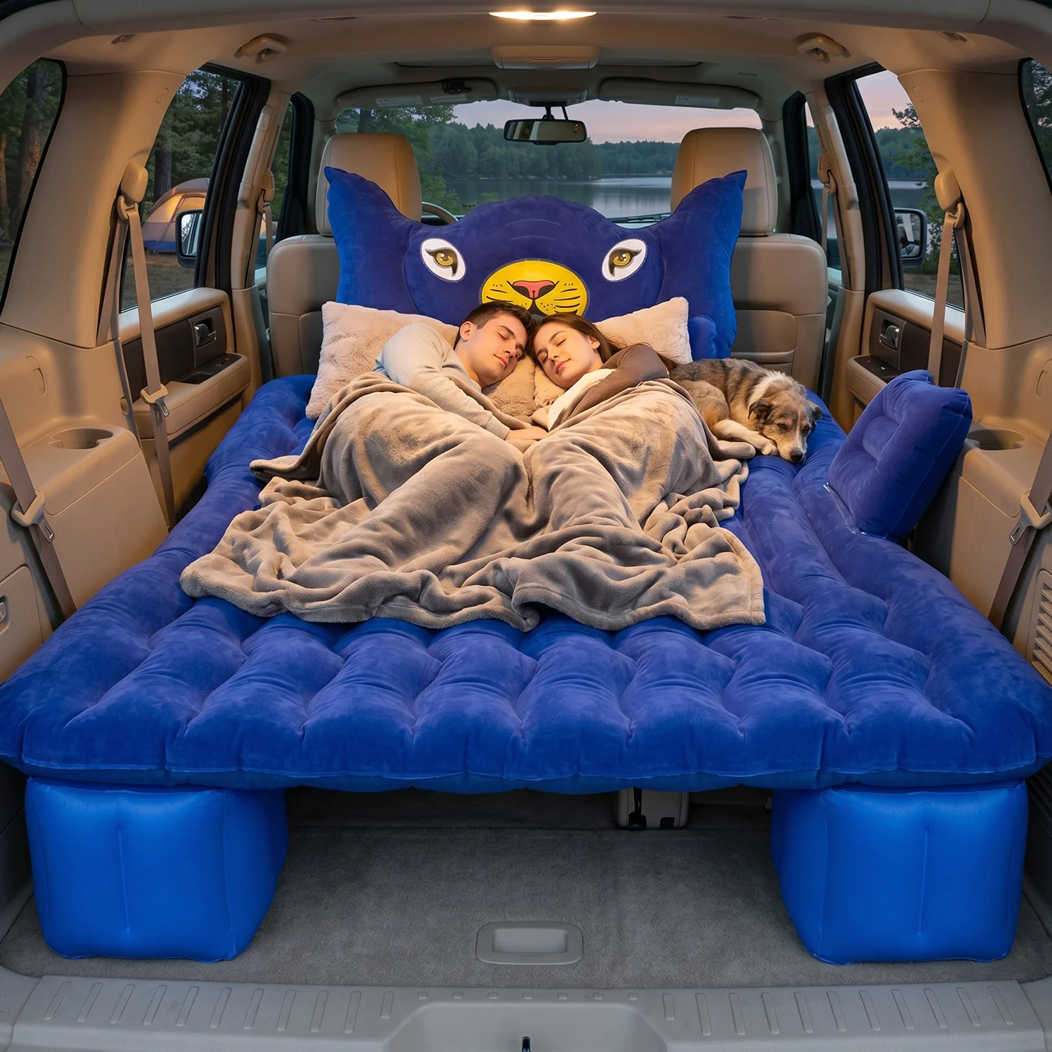 Inflatable Car Bed Set with Lion Head Pillow and Cushions for Comfortable Travel Sleeping (1 Set) - Image 5