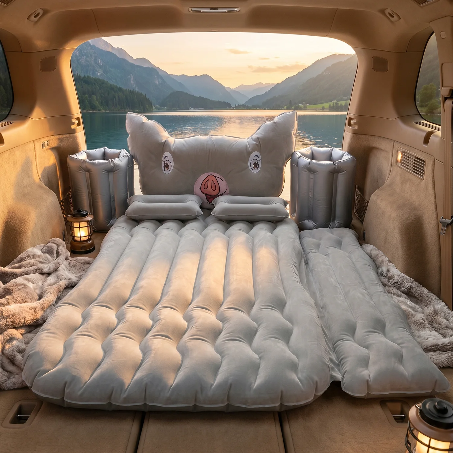 Portable Car Air Mattress Set with Pig Pillow and Cushions for Travel Comfort (1 Set) - Image 3